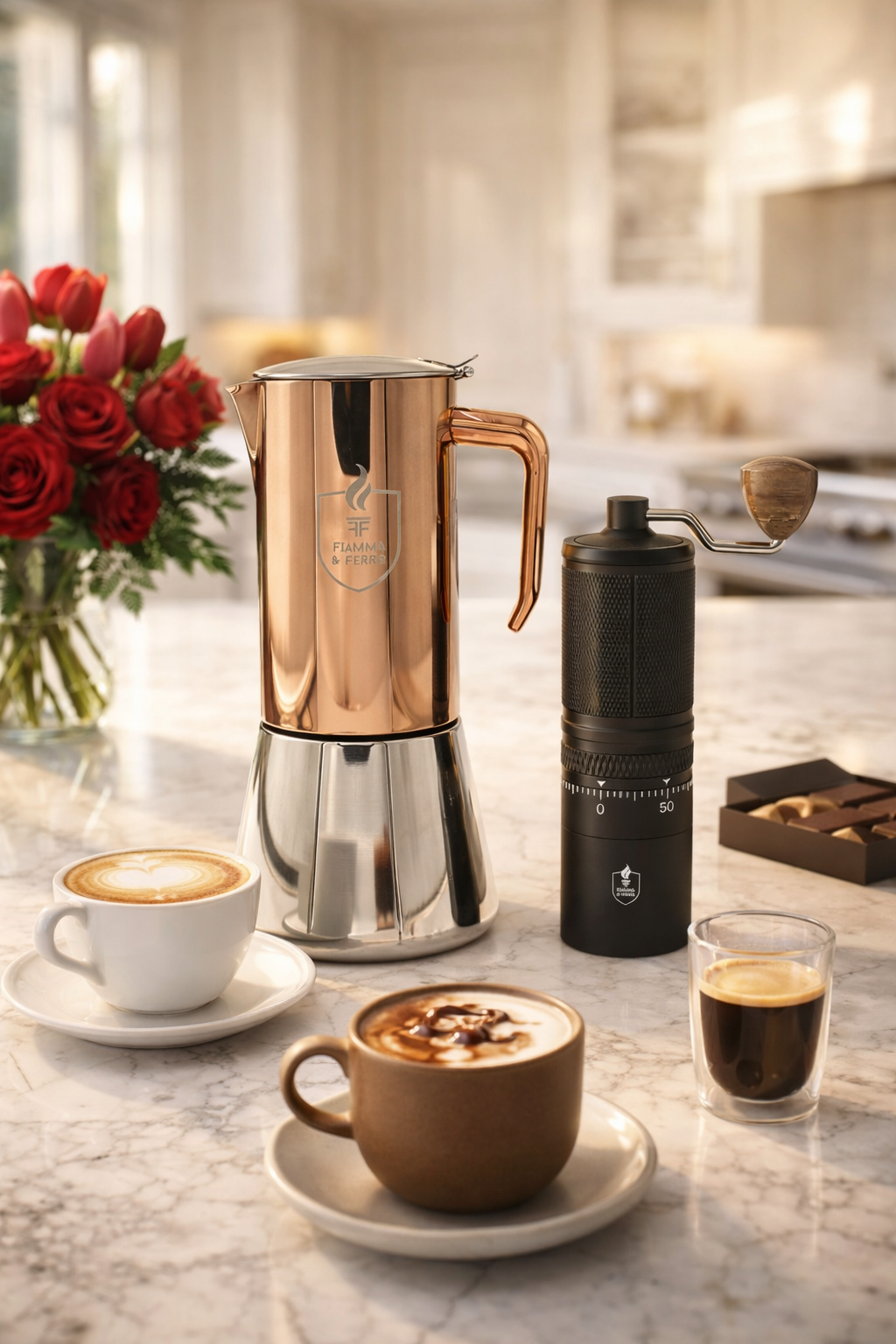 Fiamma & Ferro Espresso Ritual Bundle — Titanium+ Professional Grinder +  12-Cup Stainless Steel Stovetop Espresso Maker