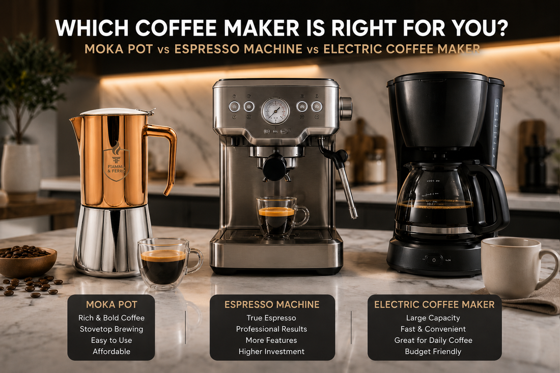 Side-by-side comparison of a stainless steel moka pot, espresso machine, and electric coffee maker showing brewing styles, coffee strength, convenience, and flavor differences for home coffee enthusiasts.