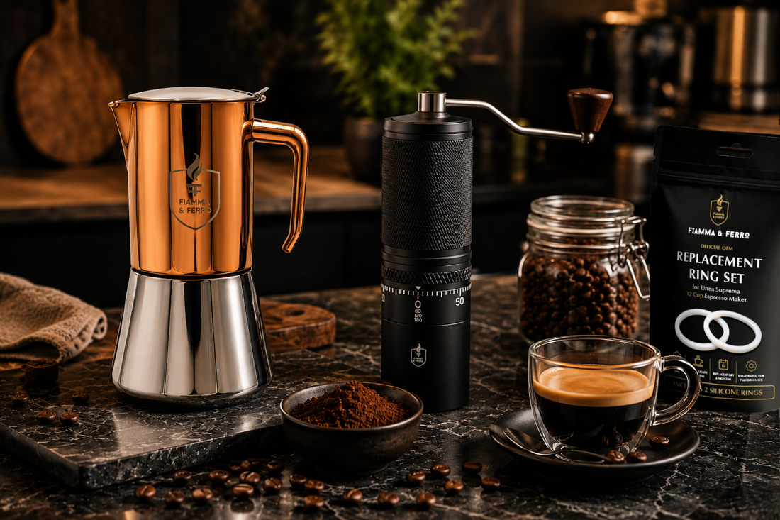 Fiamma & Ferro stainless steel induction moka pot, manual coffee grinder, replacement gasket rings, and espresso coffee displayed together as a complete home coffee brewing setup.