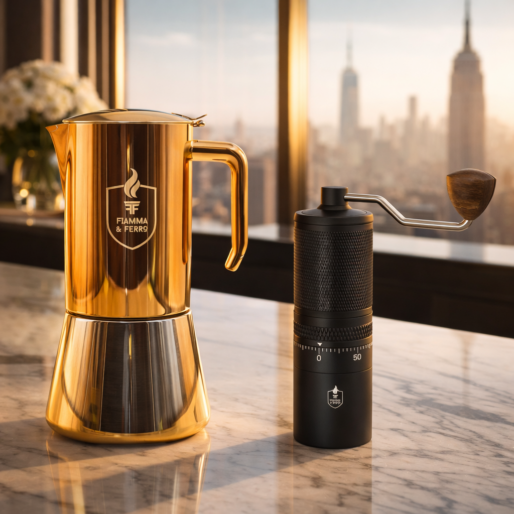 Fiamma & Ferro Titanium+ Precision Manual Grinder + 12Cup Stovetop Espresso Soul.