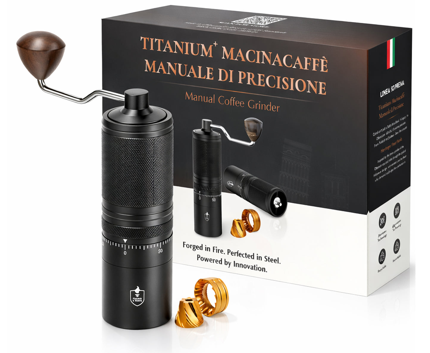 Fiamma & Ferro Titanium+ Professional-Grade Manual Coffee Grinder — Titanium Burr | 60 Grind Settings