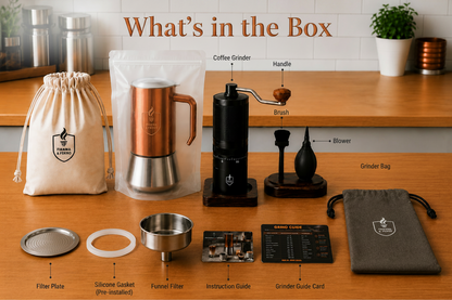 Fiamma & Ferro Espresso Ritual Bundle — Titanium+ Professional Grinder + 12-Cup Stainless Steel Stovetop Espresso Maker