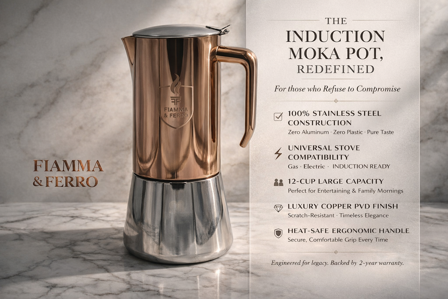 Fiamma & Ferro Stovetop Espresso Maker — 600 ml / 20 oz (12 Cup) | Induction, Electric and Gas Stove Compatitble