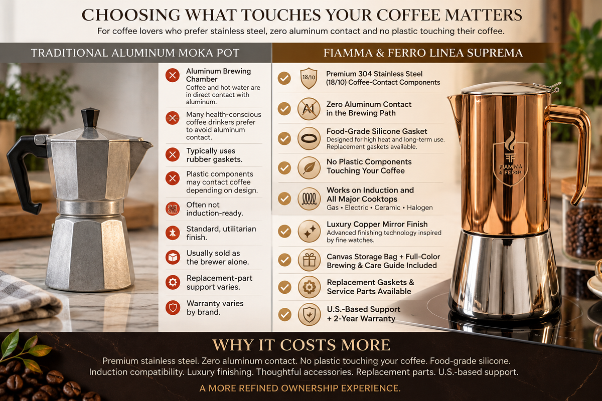 Caffettiera espresso da piano cottura Fiamma & Ferro in acciaio inossidabile - 20 oz / 600 ml (12 tazze), moka a induzione