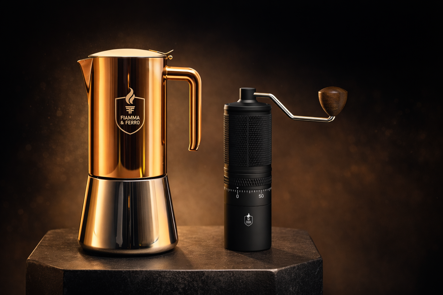 Fiamma & Ferro Titanium+ Precision Manual Grinder + 12Cup Stovetop Espresso Soul.