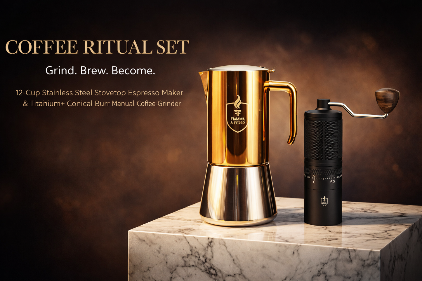 Fiamma & Ferro Titanium+ Precision Manual Grinder + 12Cup Stovetop Espresso Soul.