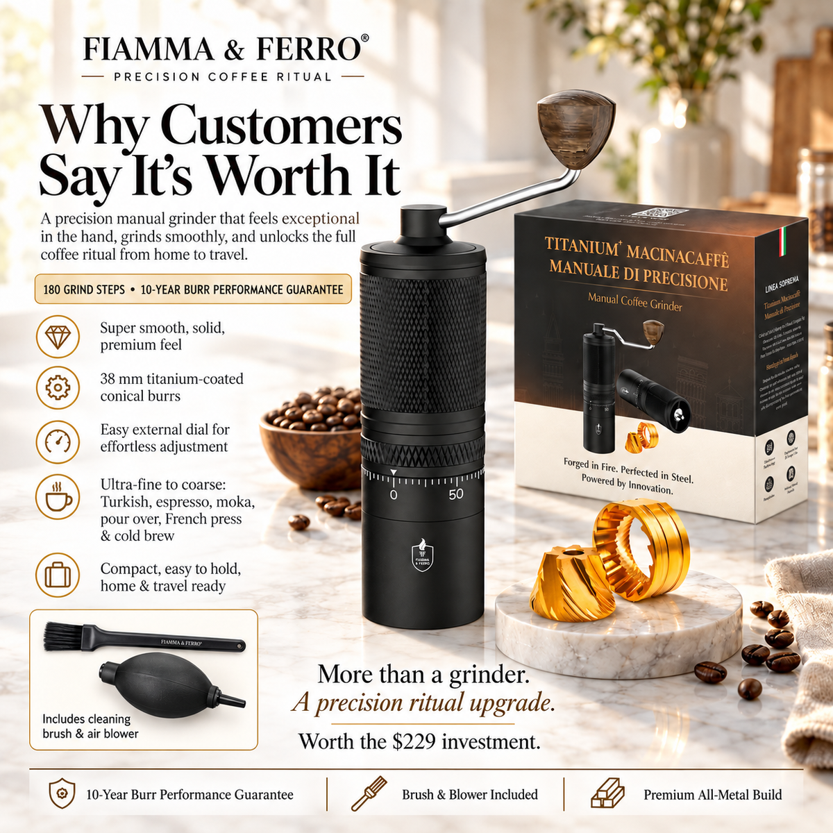 Fiamma & Ferro Espresso Ritual Bundle — Titanium+ Professional Grinder + 12-Cup Stainless Steel Stovetop Espresso Maker