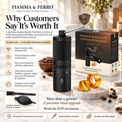Fiamma & Ferro Espresso Ritual Bundle — Titanium+ Professional Grinder + 12-Cup Stainless Steel Stovetop Espresso Maker