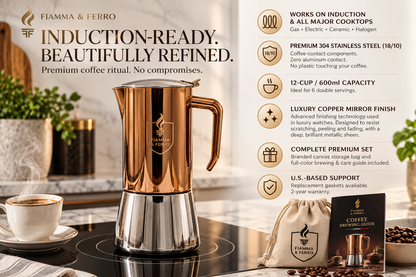Caffettiera espresso da piano cottura Fiamma & Ferro in acciaio inossidabile - 20 oz / 600 ml (12 tazze), moka a induzione