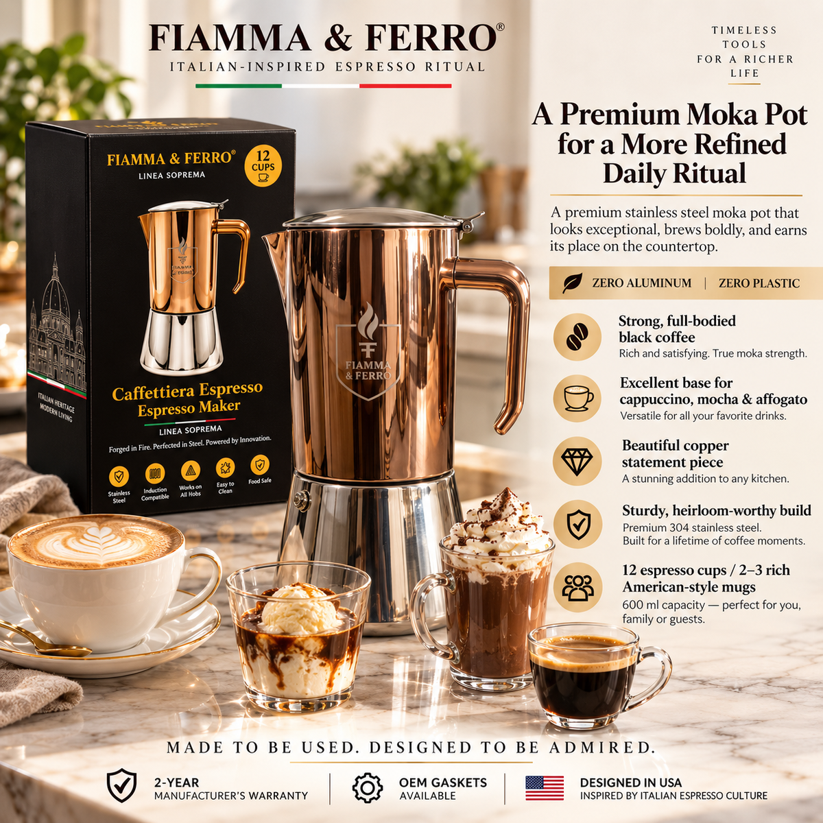 Caffettiera espresso da piano cottura Fiamma & Ferro in acciaio inossidabile - 20 oz / 600 ml (12 tazze), moka a induzione