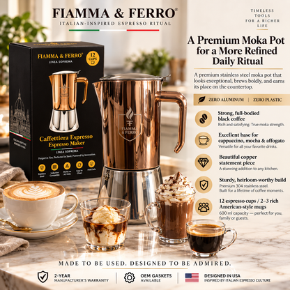 Caffettiera espresso da piano cottura Fiamma & Ferro in acciaio inossidabile - 20 oz / 600 ml (12 tazze), moka a induzione