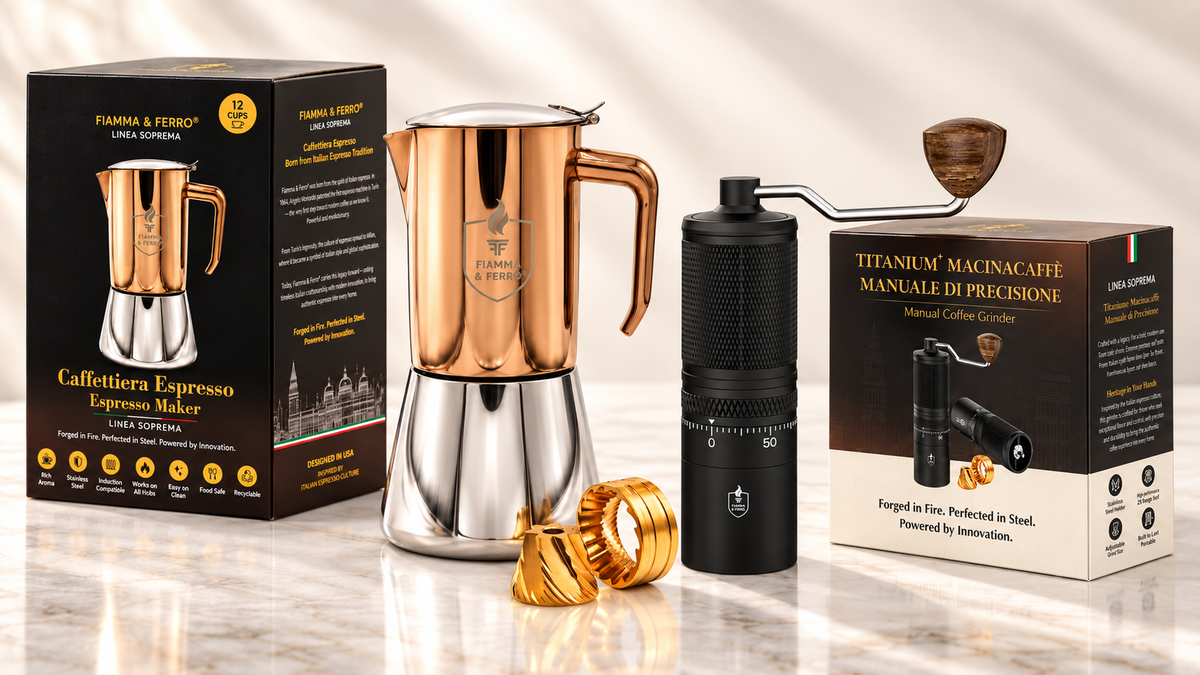 Fiamma & Ferro Espresso Ritual Bundle — Titanium+ Professional Grinder + 12-Cup Stainless Steel Stovetop Espresso Maker