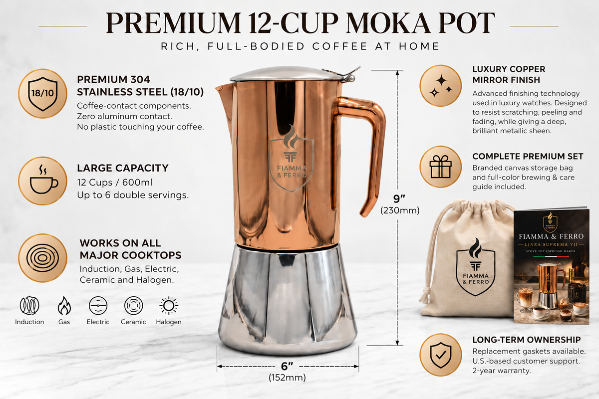 Caffettiera espresso da piano cottura Fiamma & Ferro in acciaio inossidabile - 20 oz / 600 ml (12 tazze), moka a induzione