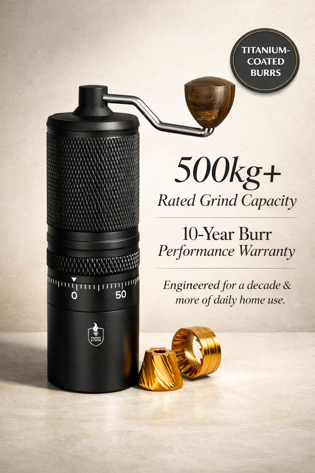 Fiamma & Ferro Titanium+ Professional-Grade Manual Coffee Grinder — Titanium Burr | 60 Grind Settings