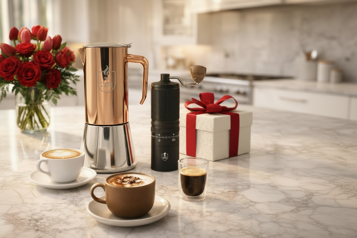 Fiamma & Ferro Espresso Ritual Bundle — Titanium+ Professional Grinder + 12-Cup Stainless Steel Stovetop Espresso Maker